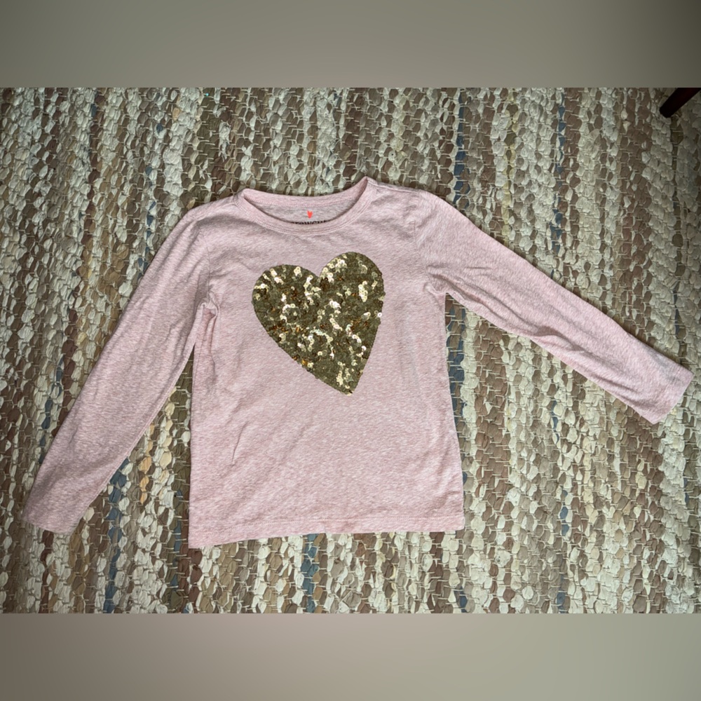Crewcuts Pink Long Sleeve Tee with Gold Sequin Heart